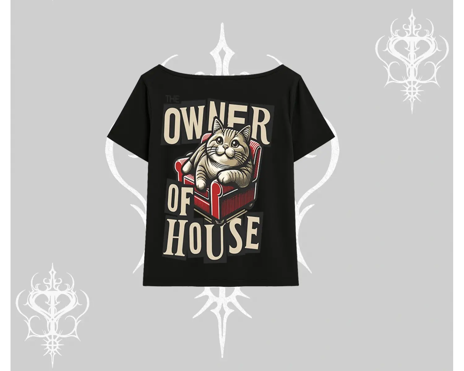 The Owner of House Kedi Arka Baskılı Kayık Yaka Tshirt