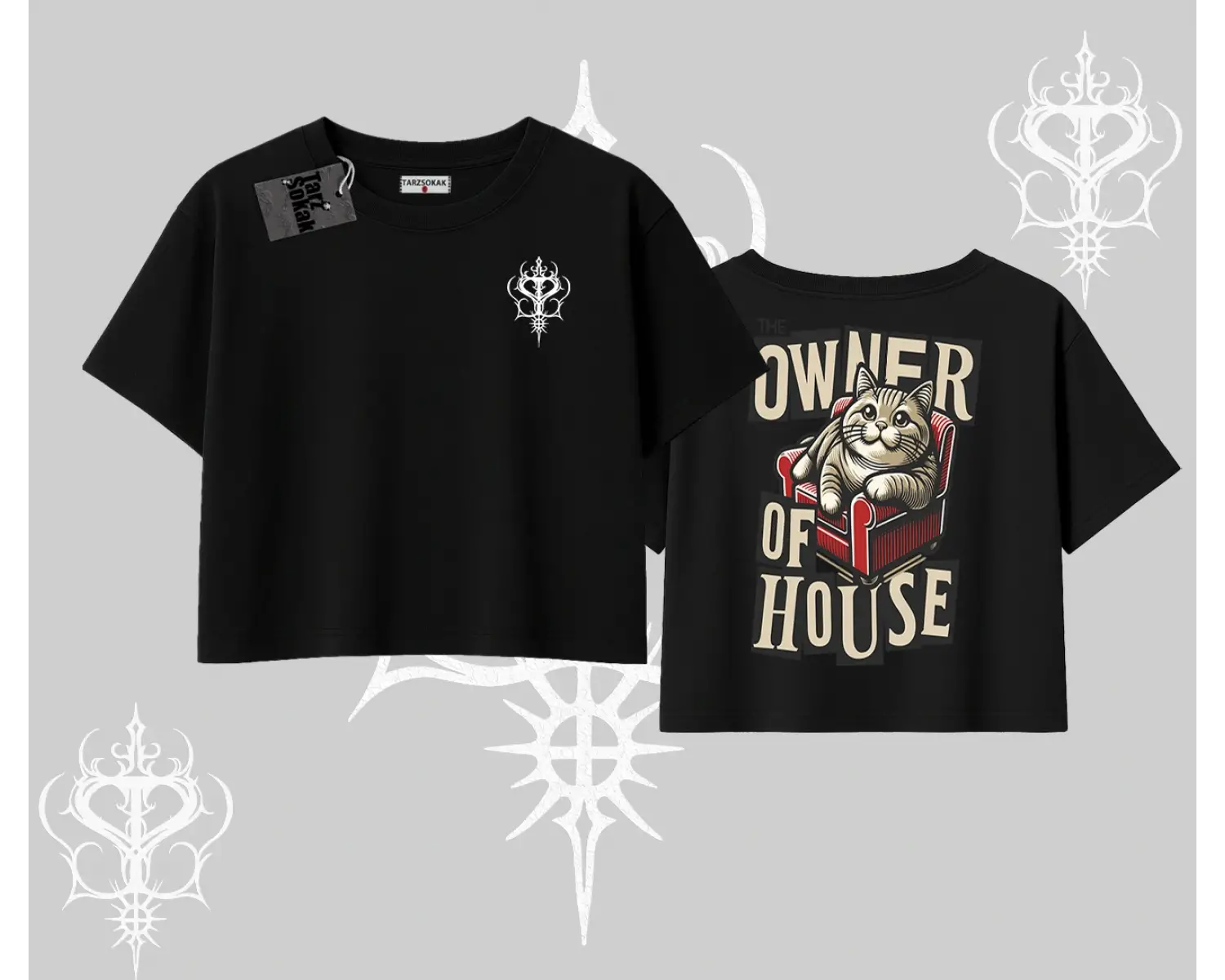 The Owner of House Kedi Arka Baskılı Oversize Crop Tshirt
