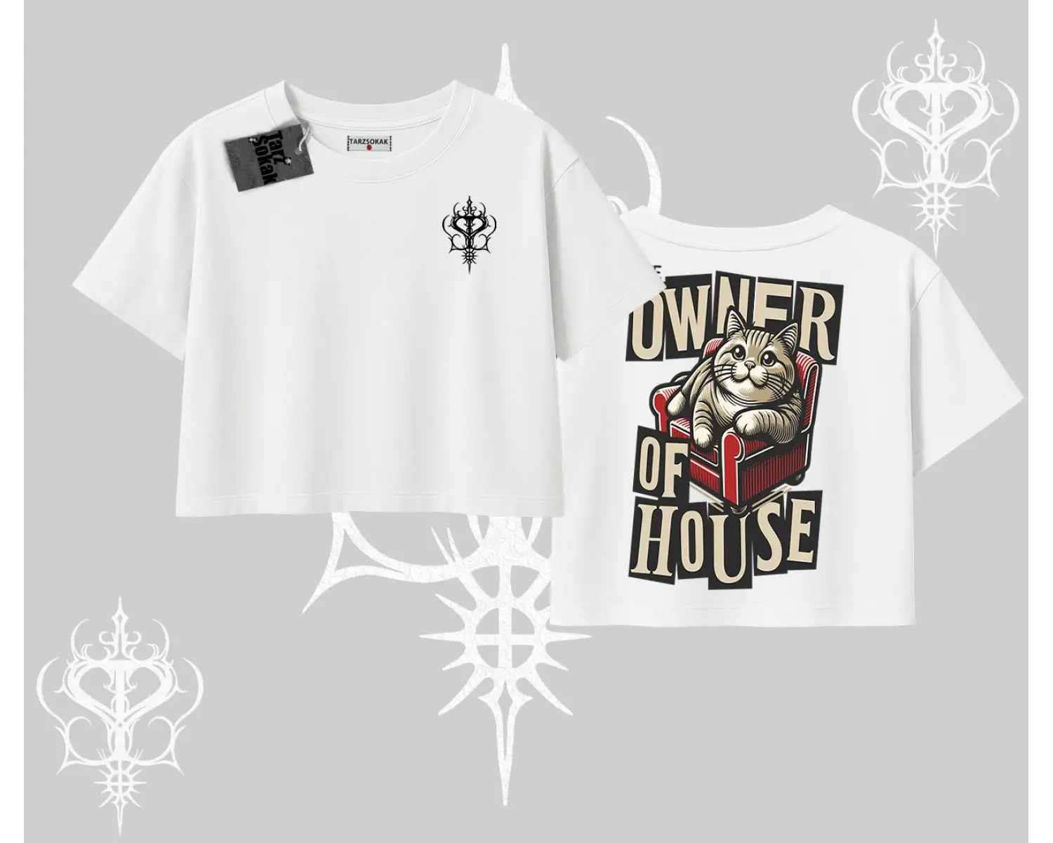 The Owner of House Kedi Arka Baskılı Oversize Crop Tshirt