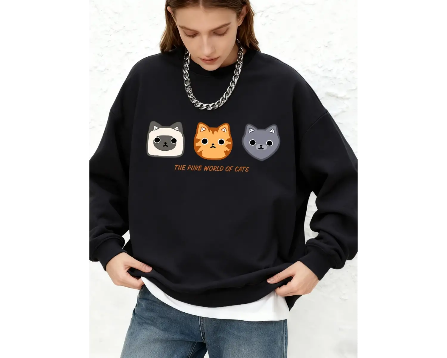 The Pupe World Of Cats Baskılı Tişörtü Bayan Sonbahar Bisiklet Yaka Büyük Boy Kapüşonlular Sı