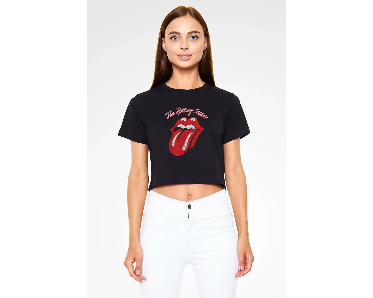 The Rolling Stones Logo Siyah Crop Top Tişört