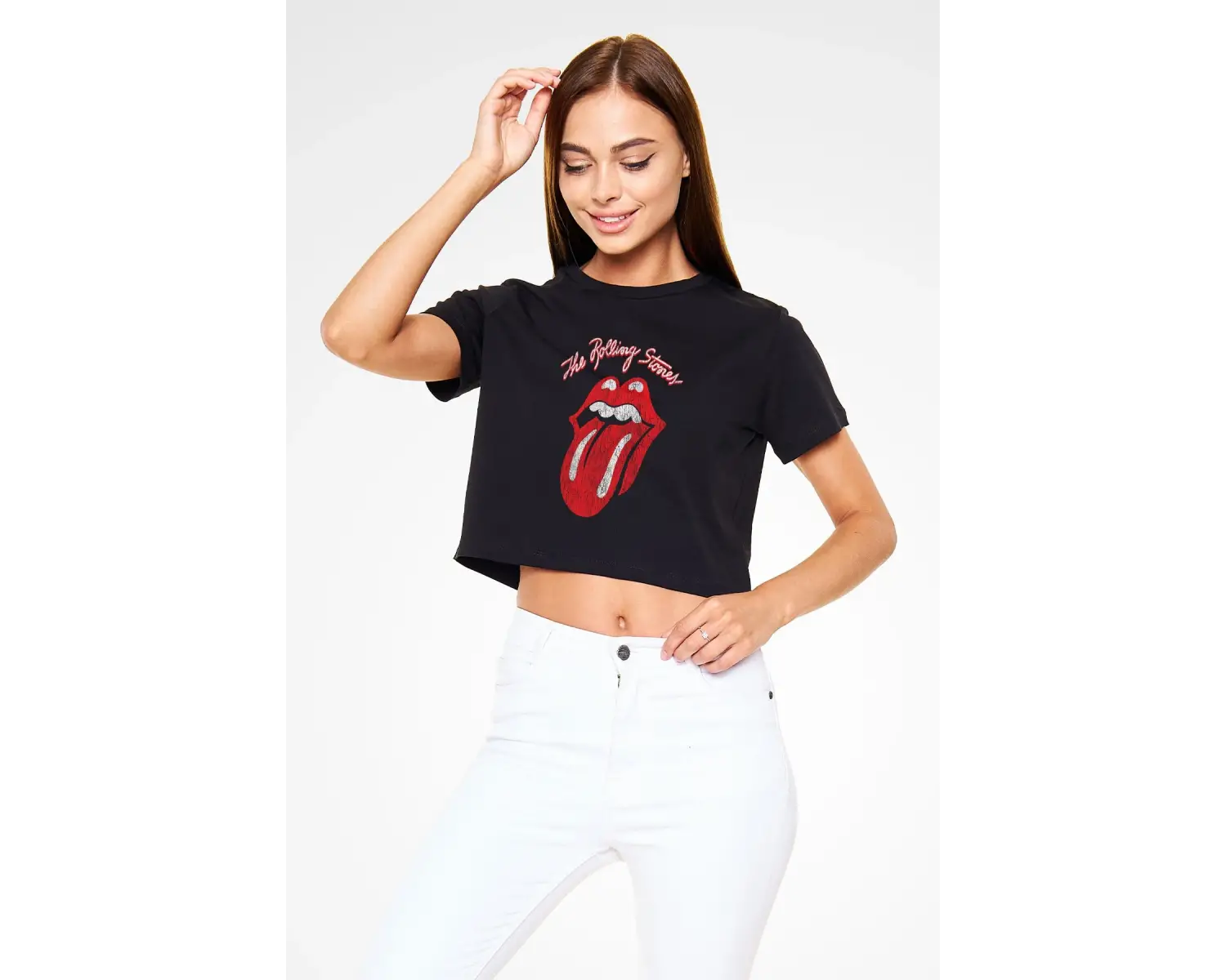 The Rolling Stones Logo Siyah Crop Top Tişört