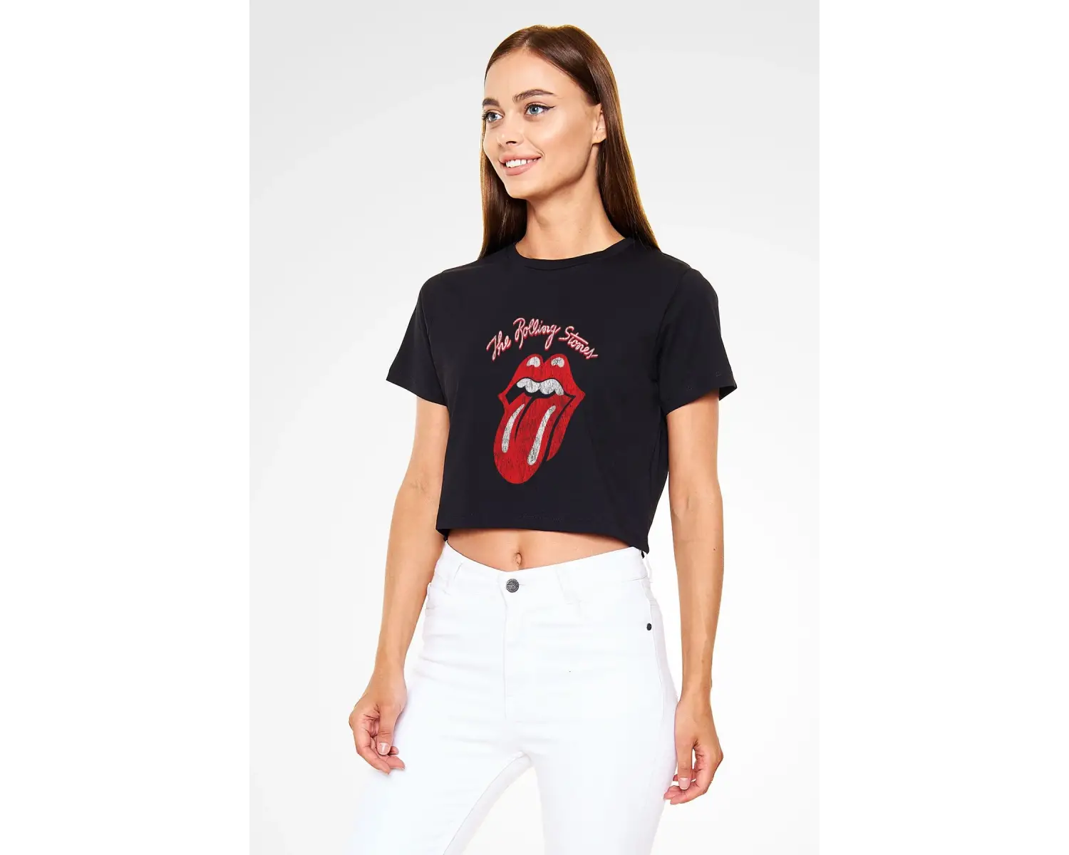 The Rolling Stones Logo Siyah Crop Top Tişört