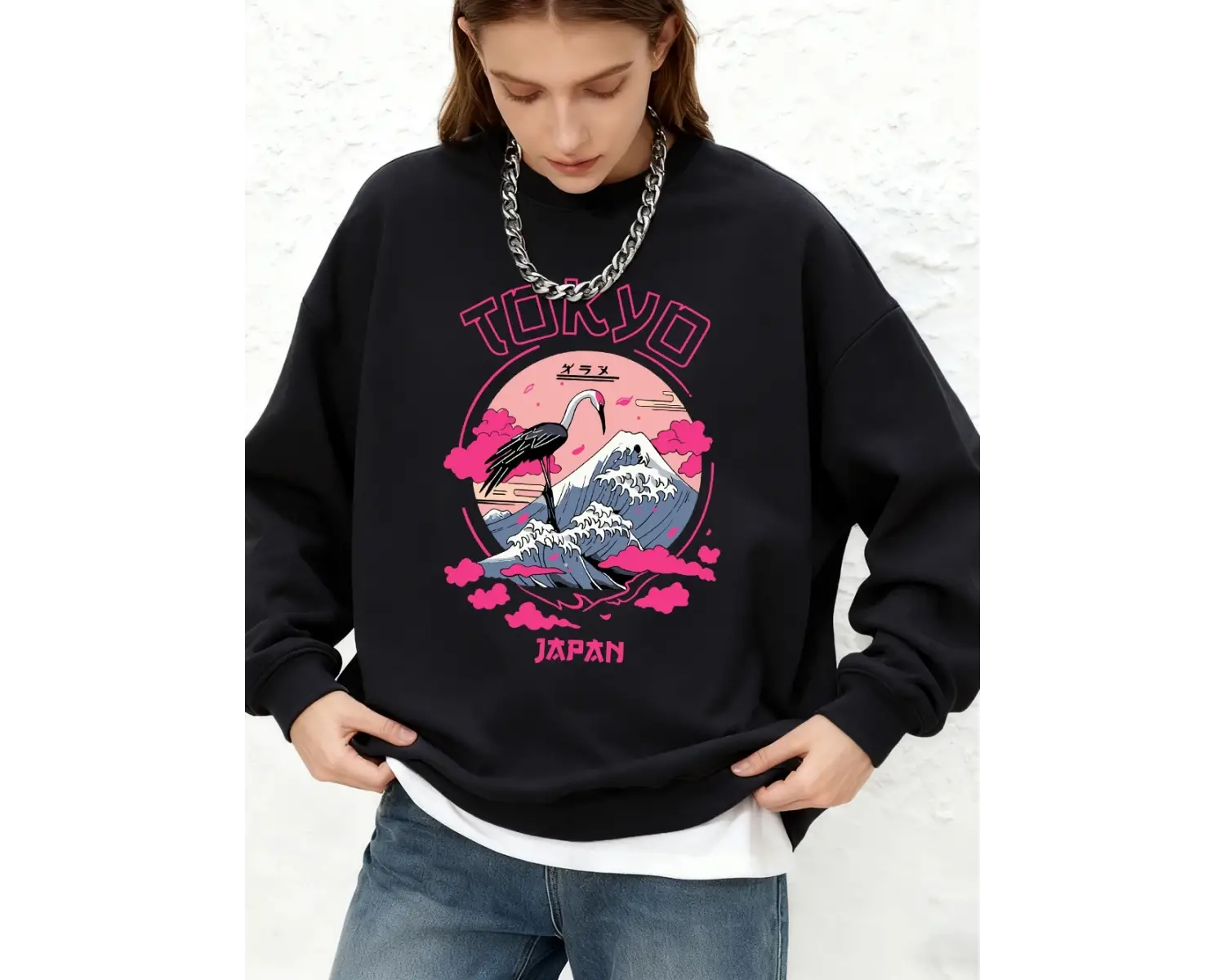 Tokyo Japonya Vinç Dalgaları Baskılı Kadın Kapüşonlu Sweatshirtü Basic Jogger Sıcak Sweatshir