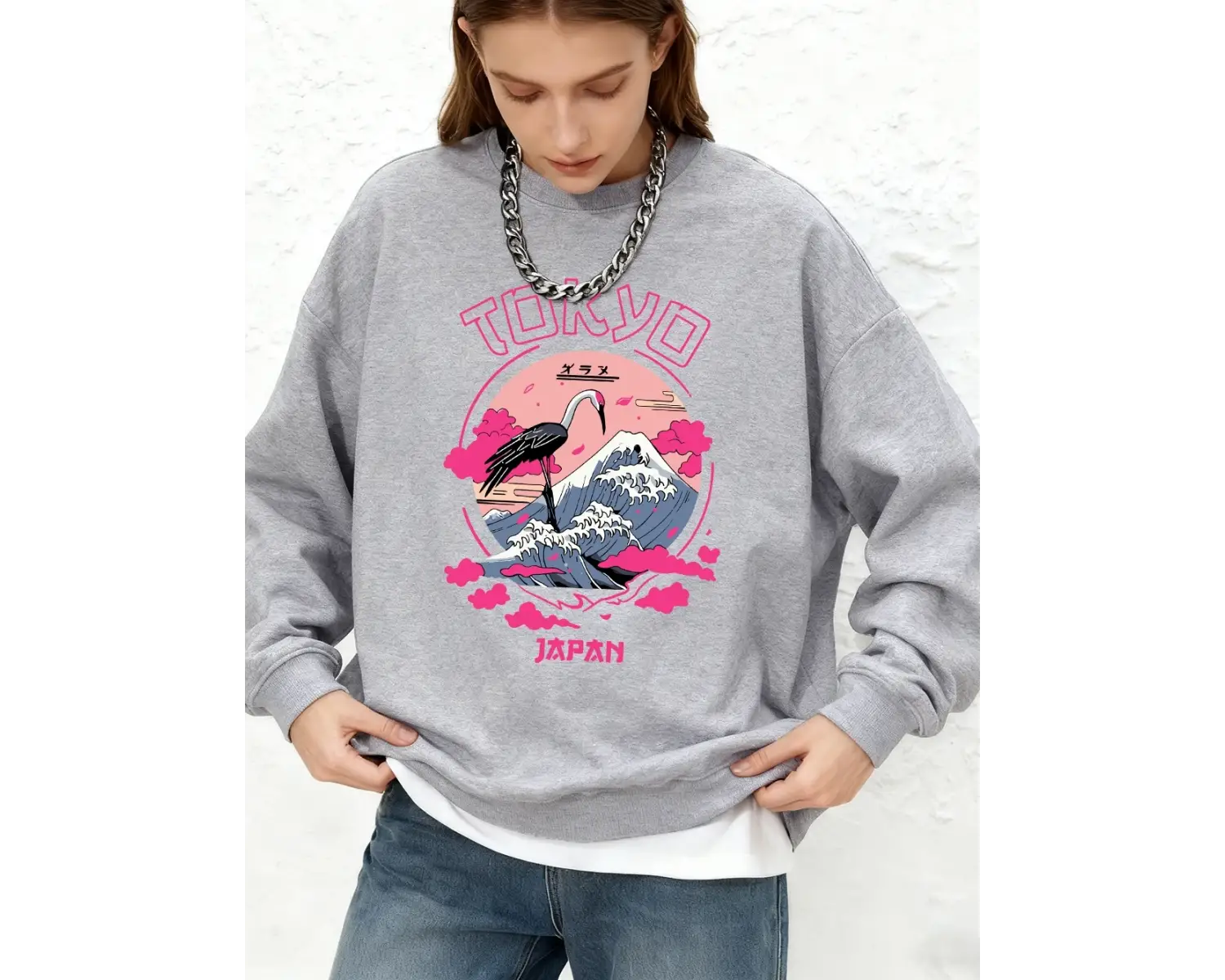 Tokyo Japonya Vinç Dalgaları Baskılı Kadın Kapüşonlu Sweatshirtü Basic Jogger Sıcak Sweatshir