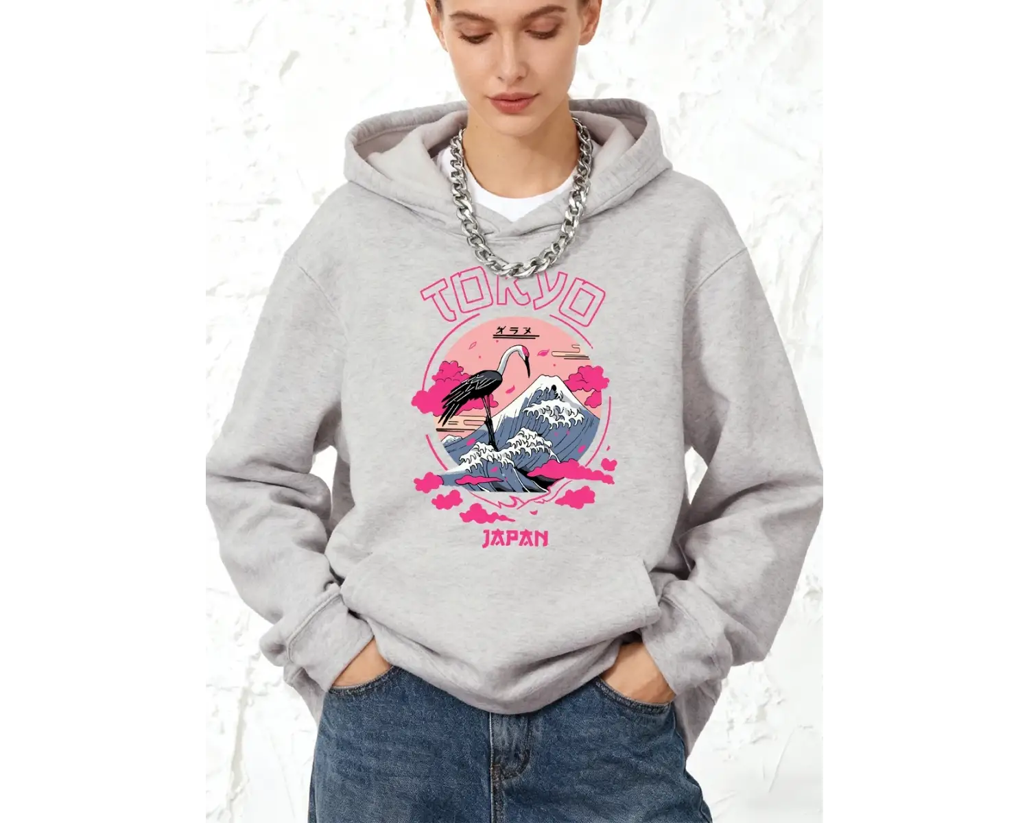 Tokyo Japonya Vinç Dalgaları Baskılı Kapüşonlu Üstler Pamuklu Kadın Sportif Bol Kazaklar Kışl