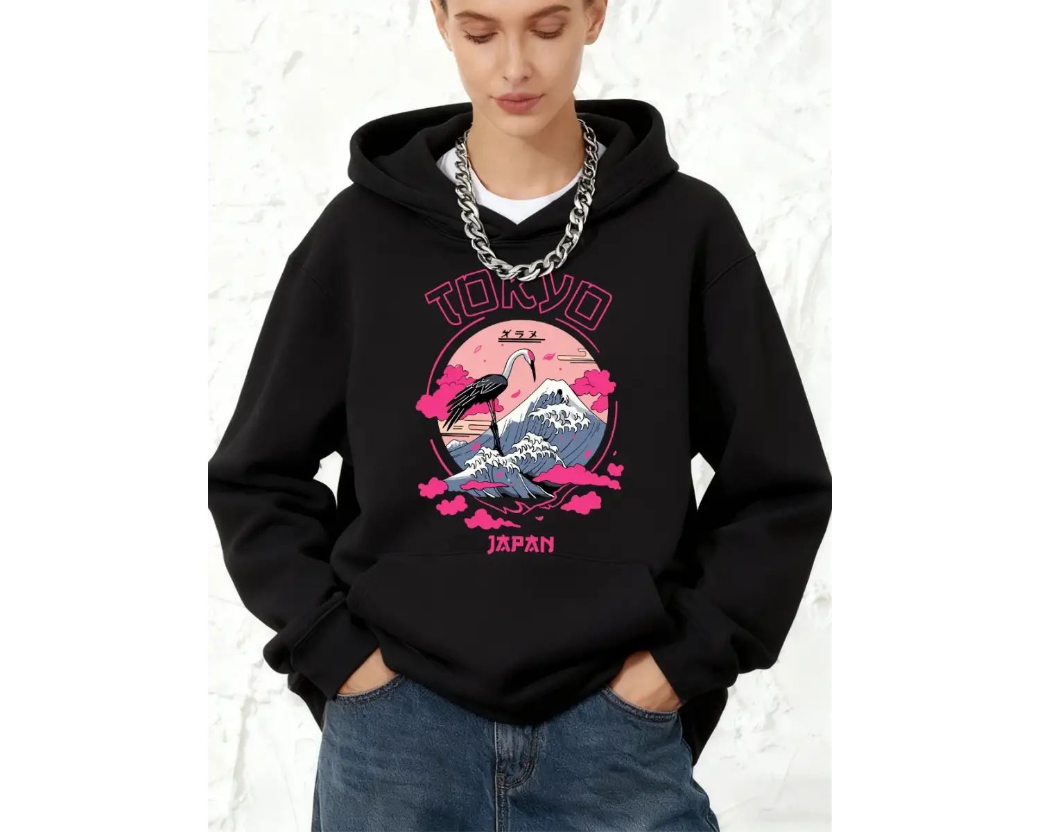 Tokyo Japonya Vinç Dalgaları Baskılı Kapüşonlu Üstler Pamuklu Kadın Sportif Bol Kazaklar Kışl