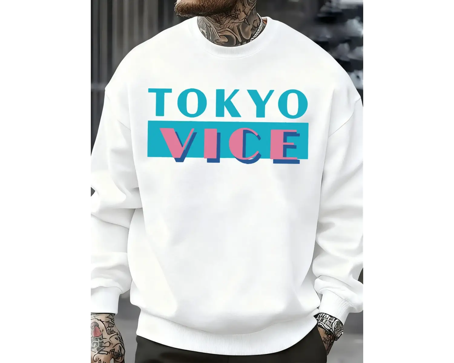 Tokyo Vice Büyük Harfli Baskılı Sweatshirt Erkek Polar Bol Moda Sokak Giyim O-Yaka Sonbahar K