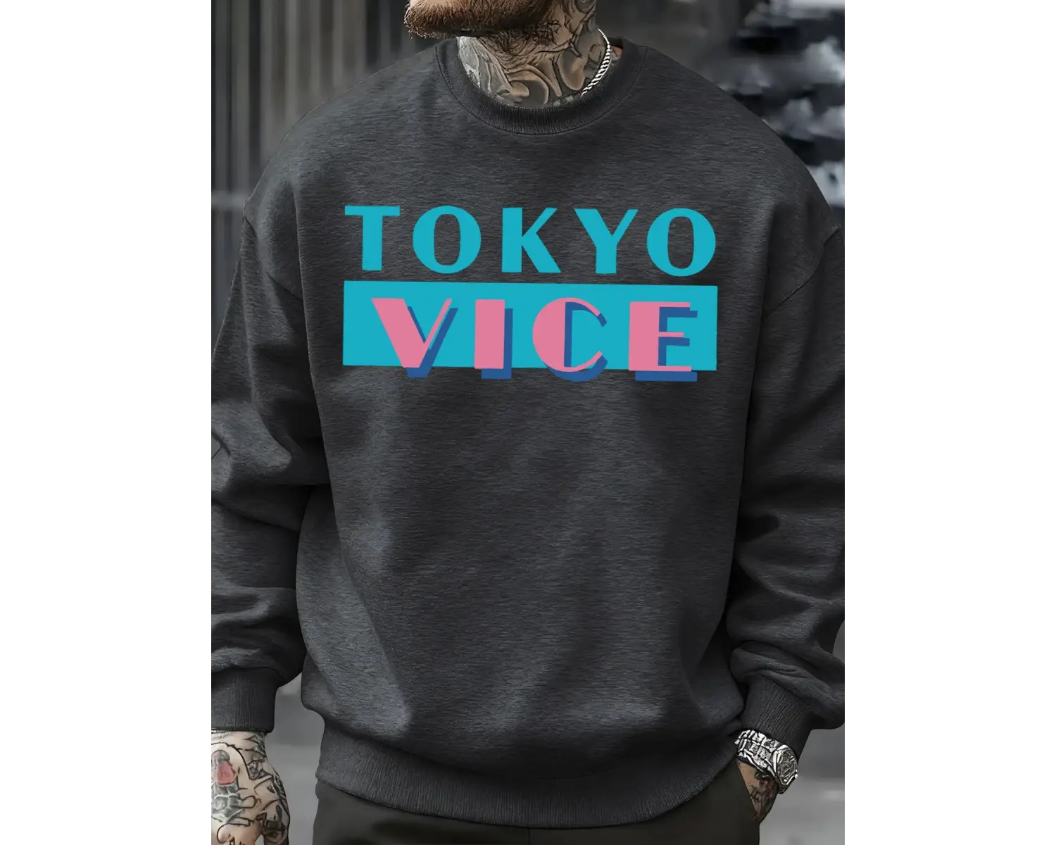 Tokyo Vice Büyük Harfli Baskılı Sweatshirt Erkek Polar Bol Moda Sokak Giyim O-Yaka Sonbahar K