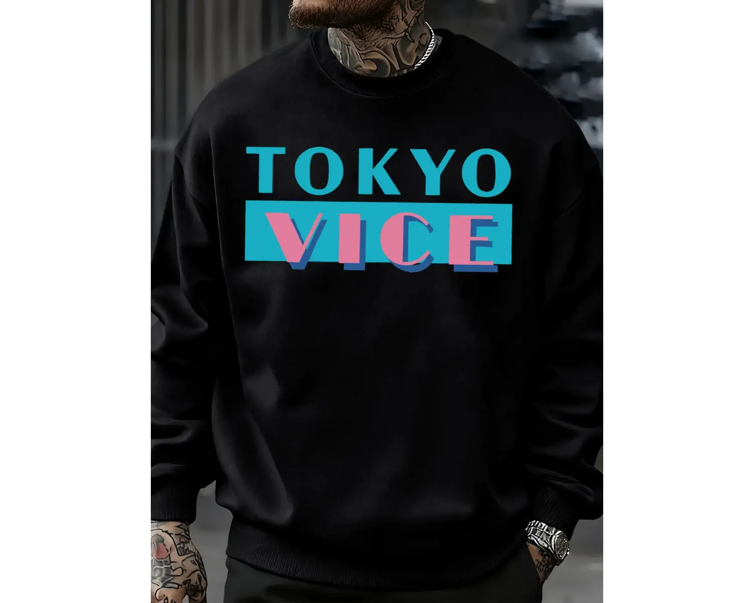 Tokyo Vice Büyük Harfli Baskılı Sweatshirt Erkek Polar Bol Moda Sokak Giyim O-Yaka Sonbahar K