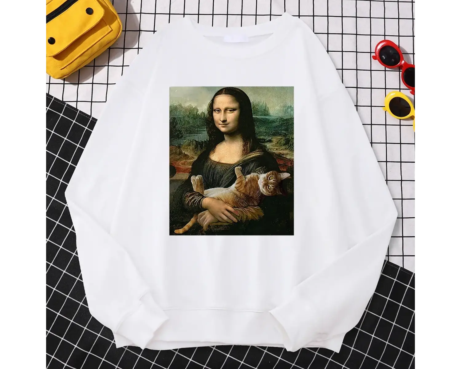 Trend Basit Kadın Kazak Ünlü Resim Mona Lisa Tutun Kedi Yaratıcılık Baskı Kapüşonlular Polar