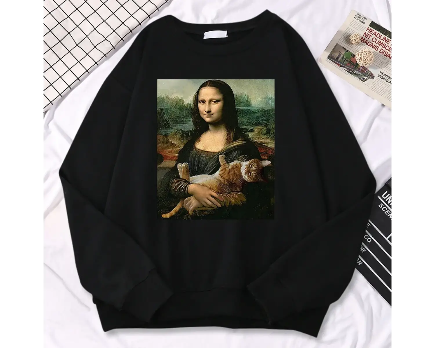 Trend Basit Kadın Kazak Ünlü Resim Mona Lisa Tutun Kedi Yaratıcılık Baskı Kapüşonlular Polar