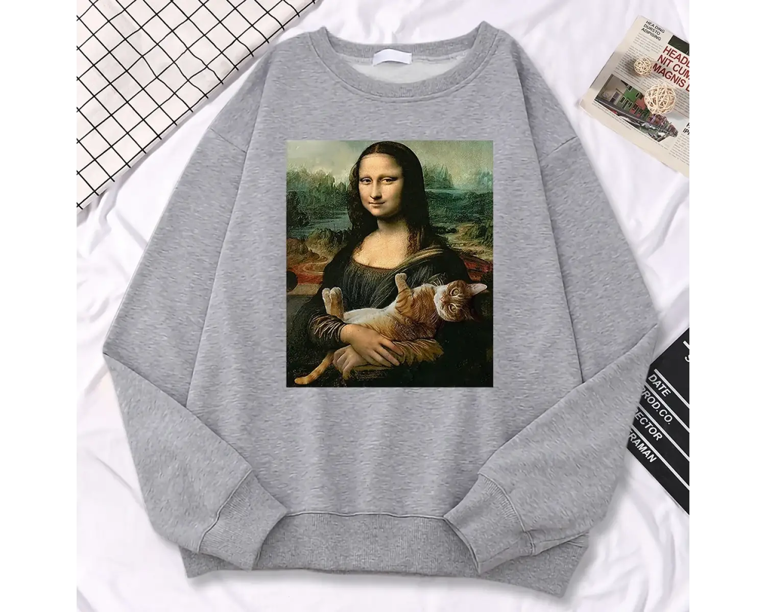 Trend Basit Kadın Kazak Ünlü Resim Mona Lisa Tutun Kedi Yaratıcılık Baskı Kapüşonlular Polar