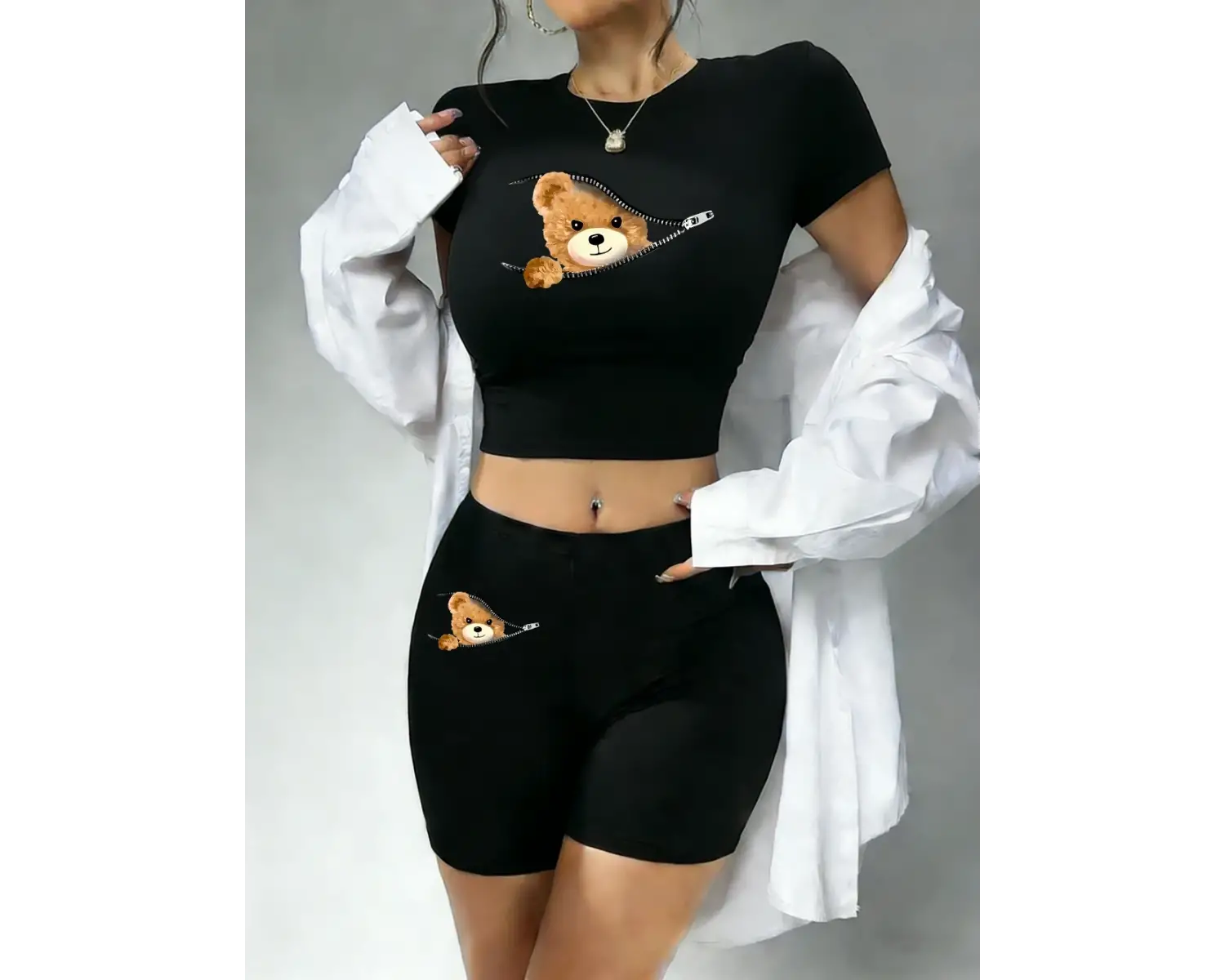 Trend Fermuarlı Ayı Desenli Baskılı Babby TeeTişört ve Şort Kadın İki Parçalı Set Üstler Pantolon