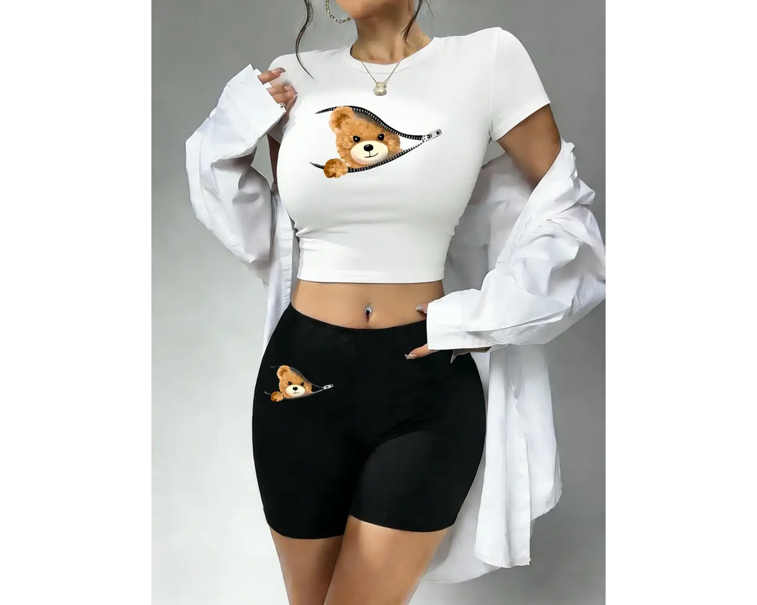 Trend Fermuarlı Ayı Desenli Baskılı Babby TeeTişört ve Şort Kadın İki Parçalı Set Üstler Pantolon