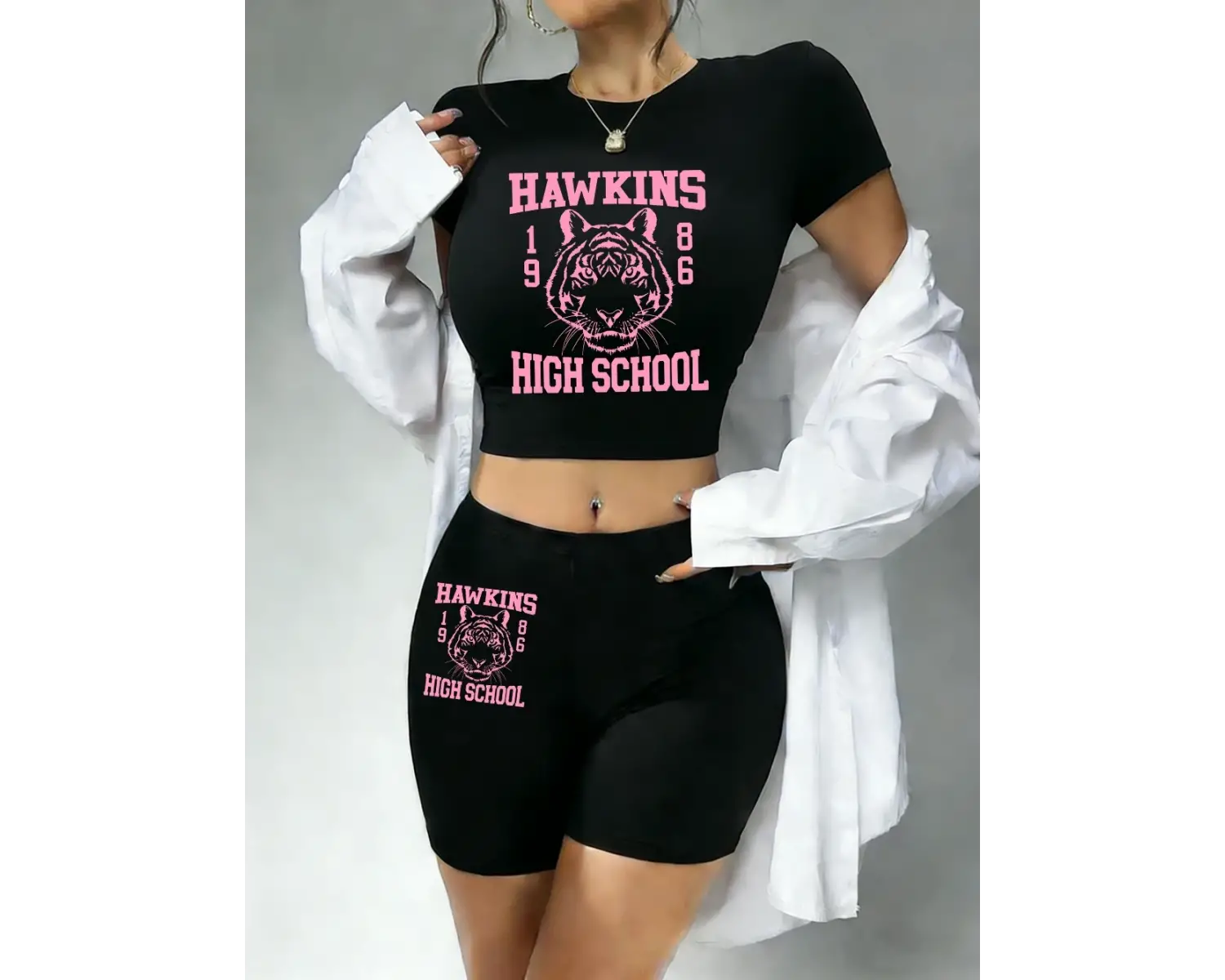 Trend Hawkins Lisesi 1986 Baskılı Babby Teelar ve Şortlar Kadın İki Parçalı Set Tişörtler İnce