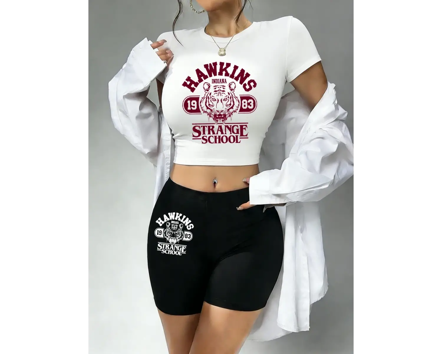 Trend Hawkins Strange School 1983 Baskılı Babby TeeTişört ve Şort Kadın İki Parça Takım Üst Panto