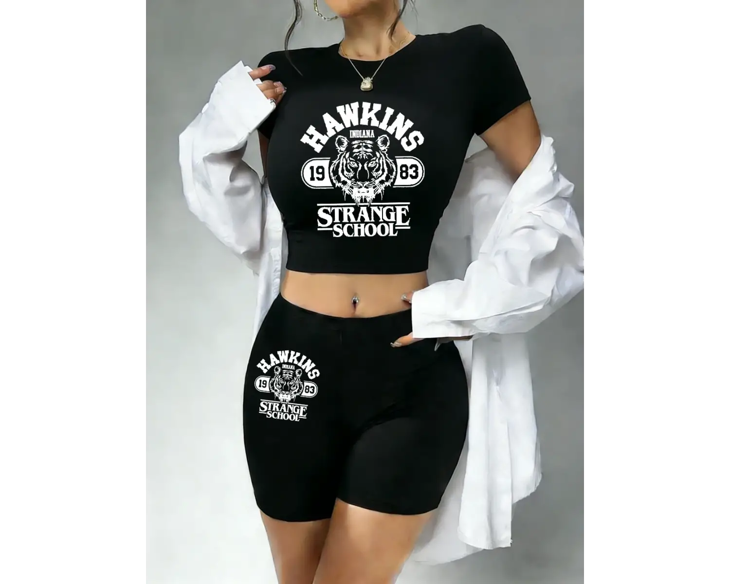 Trend Hawkins Strange School 1983 Baskılı Babby TeeTişört ve Şort Kadın İki Parça Takım Üst Panto