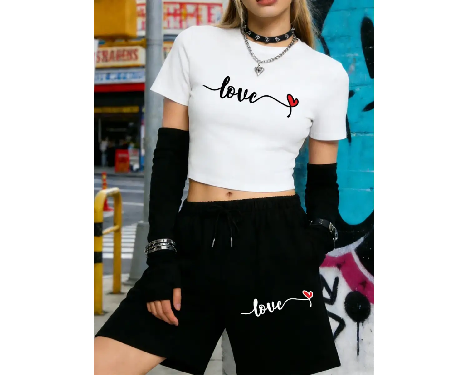 Trend Kalp Aşk Mektubu Baskılı Babby Teelar Şortlar Kadın İki Parçalı Set Beş Nokta Pantolon İ
