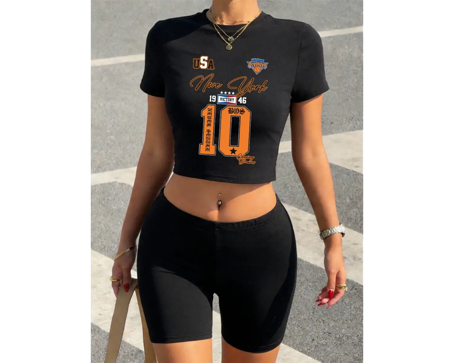 Trend New York Brooklys Numara 10 Baskılı Babby TeeTişört ve Şort Kadın İki Parça Takım Üst Panto