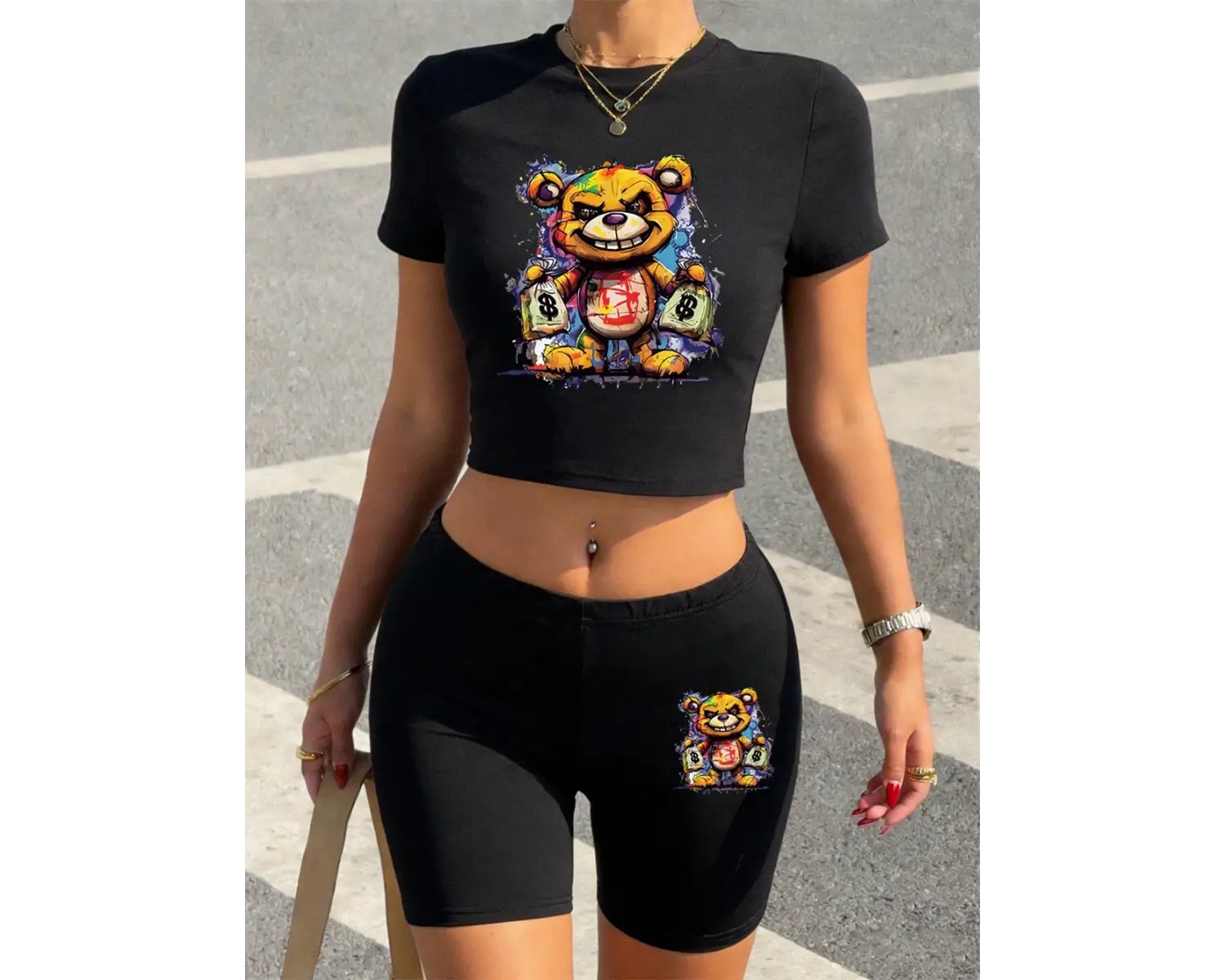 Trend Şirin Ayı Para Çantası Tutan Baskılı Babby TeeTişört ve Şort Kadın İki Parça Takım Üst Pant