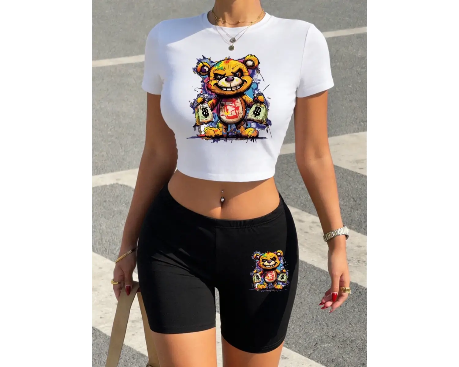 Trend Şirin Ayı Para Çantası Tutan Baskılı Babby TeeTişört ve Şort Kadın İki Parça Takım Üst Pant