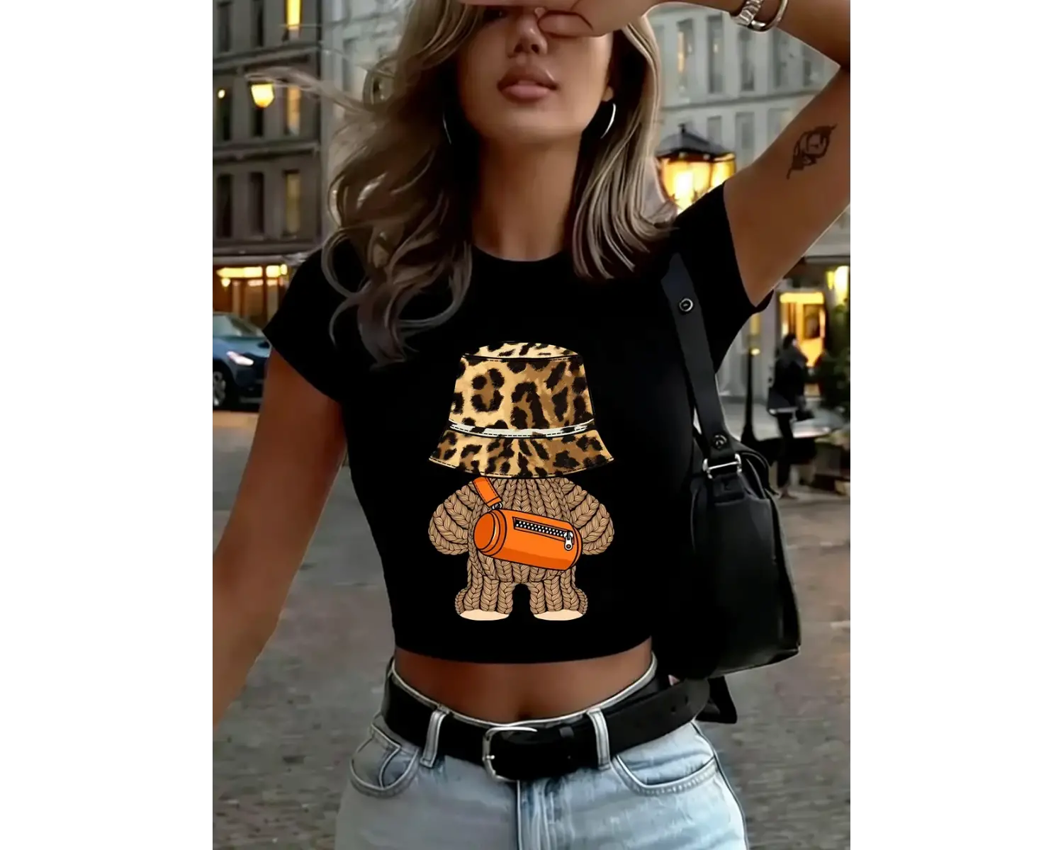 Trendy Karikatür Ayı Kıyafet Baskılar Kadın Kırpma T-Shirt Yaz O-Boyun İnce Üstler Yüksek Ela