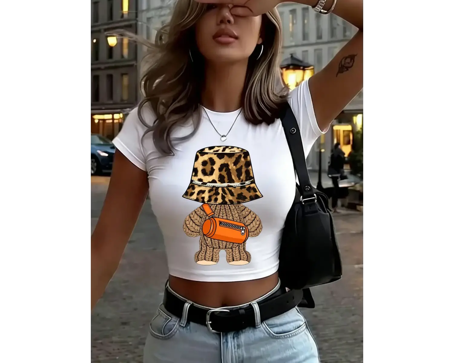 Trendy Karikatür Ayı Kıyafet Baskılar Kadın Kırpma T-Shirt Yaz O-Boyun İnce Üstler Yüksek Ela