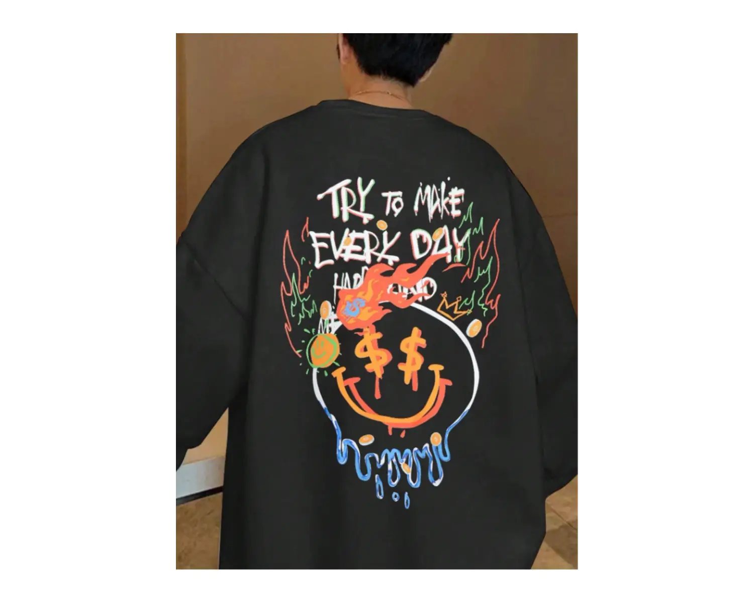 Try To Make Renkli Oversize Bisiklet Yaka Pamuklu Sweatshirt Beyaz