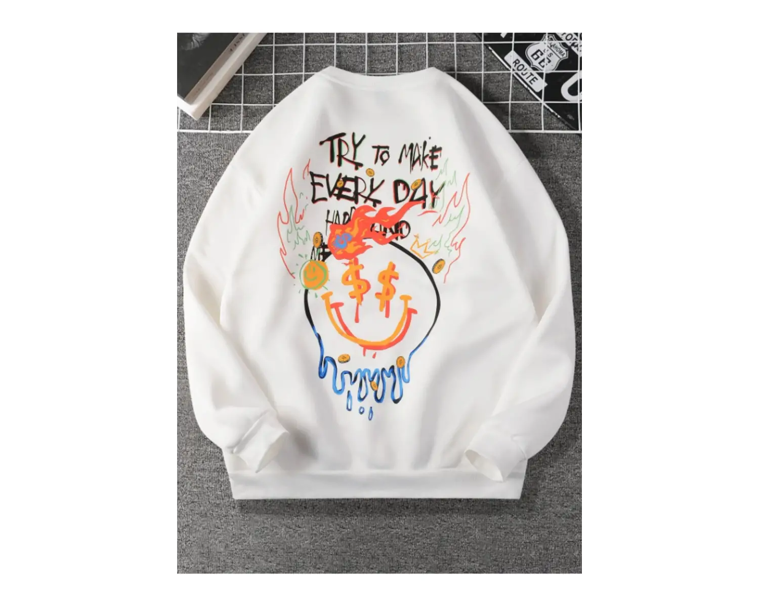 Try To Make Renkli Oversize Bisiklet Yaka Pamuklu Sweatshirt Beyaz