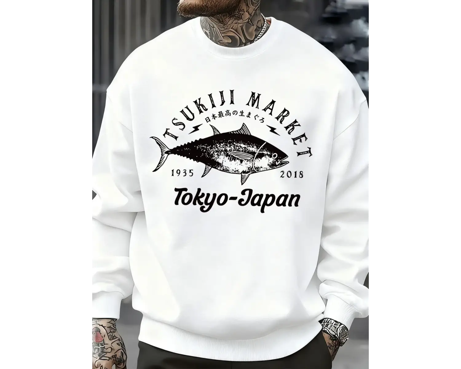 Tsukiji Market Tokyo-Japonya Baskı Kazak Erkek Modası Rahat Kazaklar Sonbahar Günlük Spor Giy