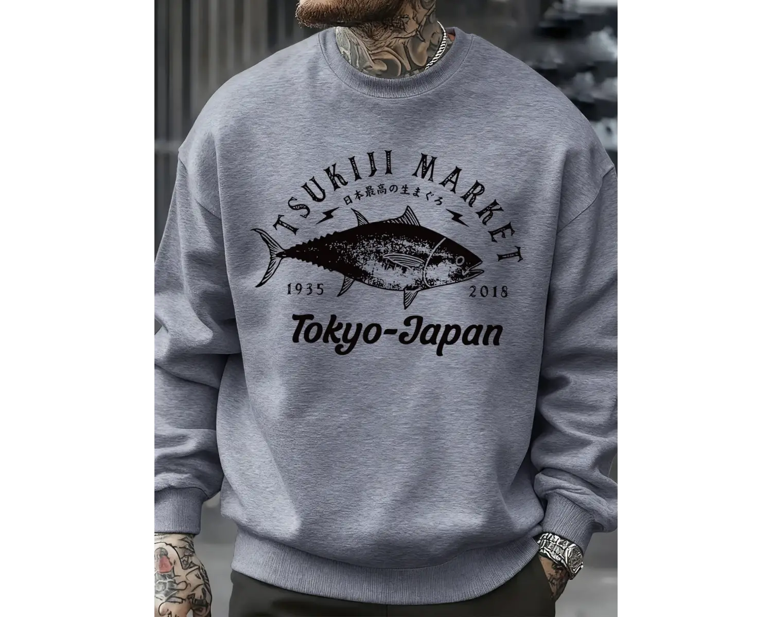 Tsukiji Market Tokyo-Japonya Baskı Kazak Erkek Modası Rahat Kazaklar Sonbahar Günlük Spor Giy