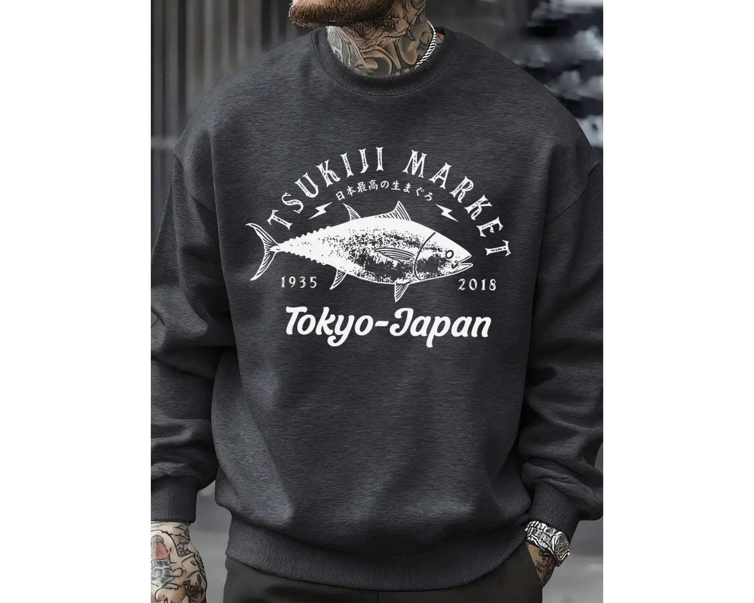 Tsukiji Market Tokyo-Japonya Baskı Kazak Erkek Modası Rahat Kazaklar Sonbahar Günlük Spor Giy