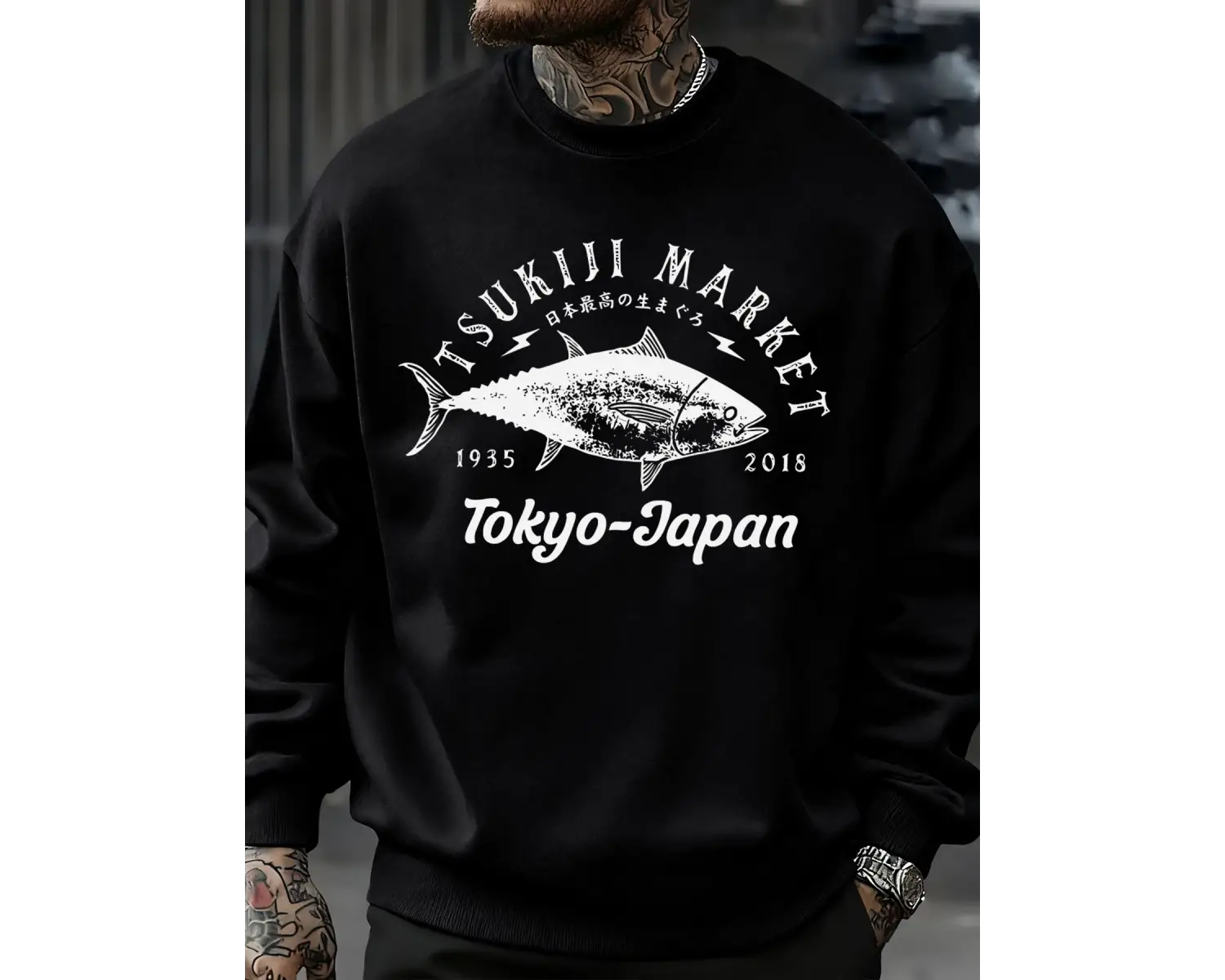 Tsukiji Market Tokyo-Japonya Baskı Kazak Erkek Modası Rahat Kazaklar Sonbahar Günlük Spor Giy