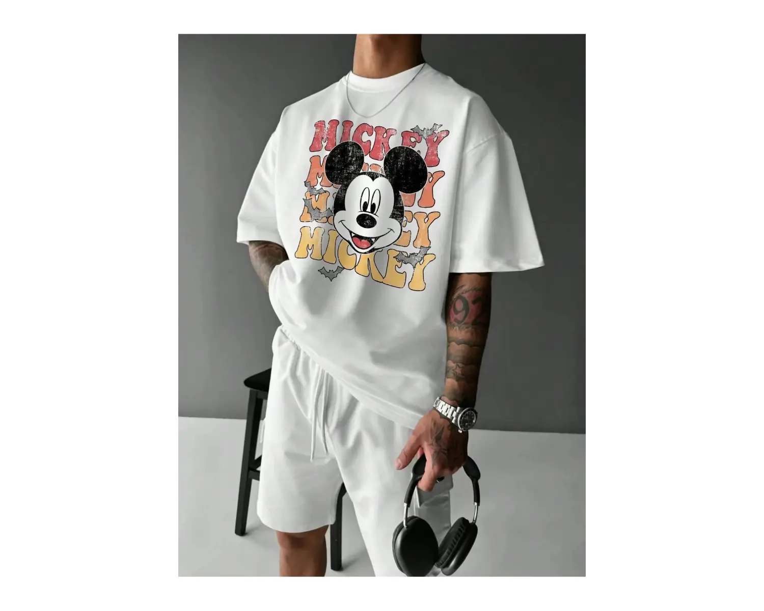 Unique----Unisex Kadın Erkek Mickey Mous Özel Baskılı Oversize Pamuk Penye T-shirt Beyaz