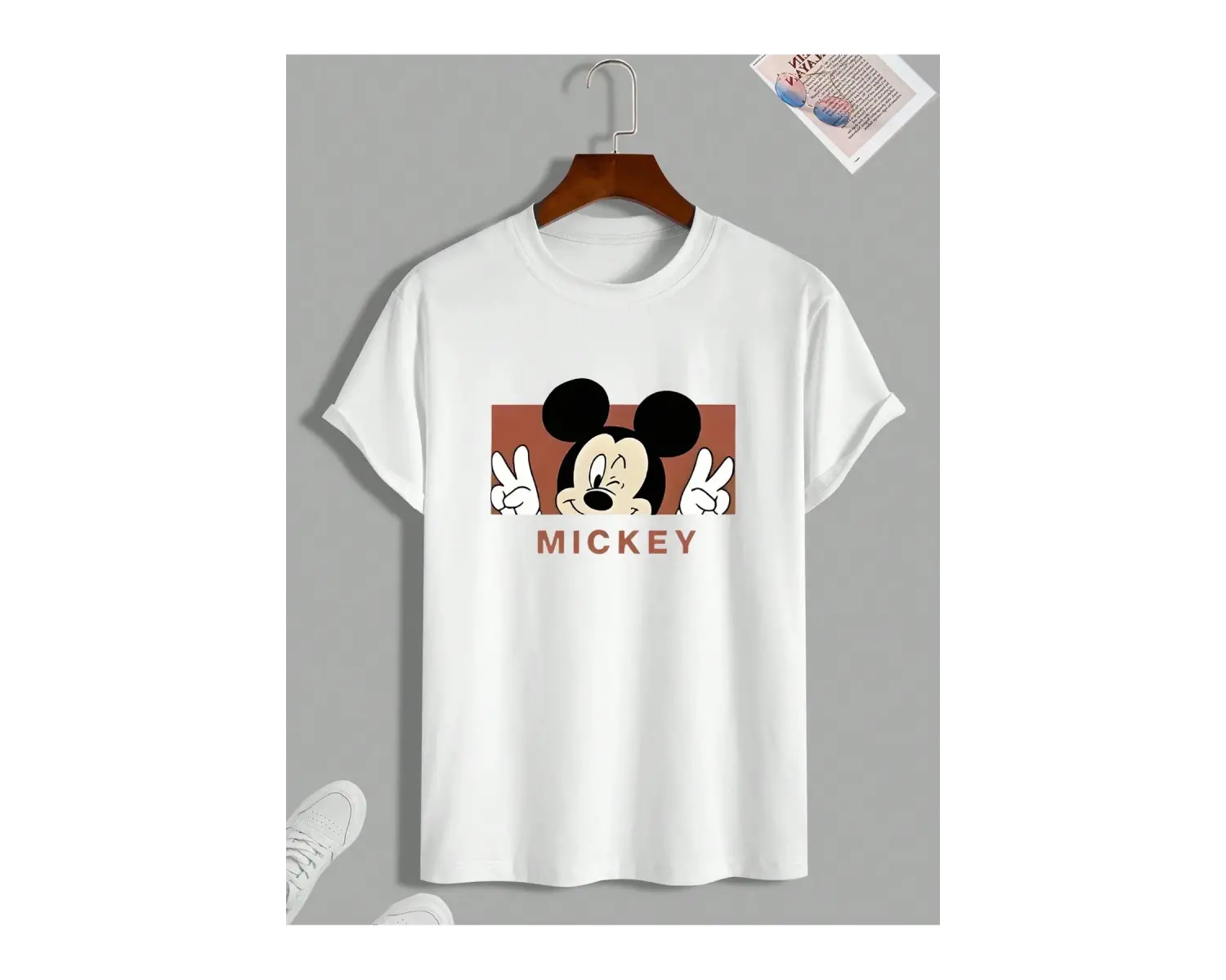 Unique----Unisex Kadın Erkek Mickey Mous Özel Baskılı Oversize Pamuk Penye T-shirt Beyaz