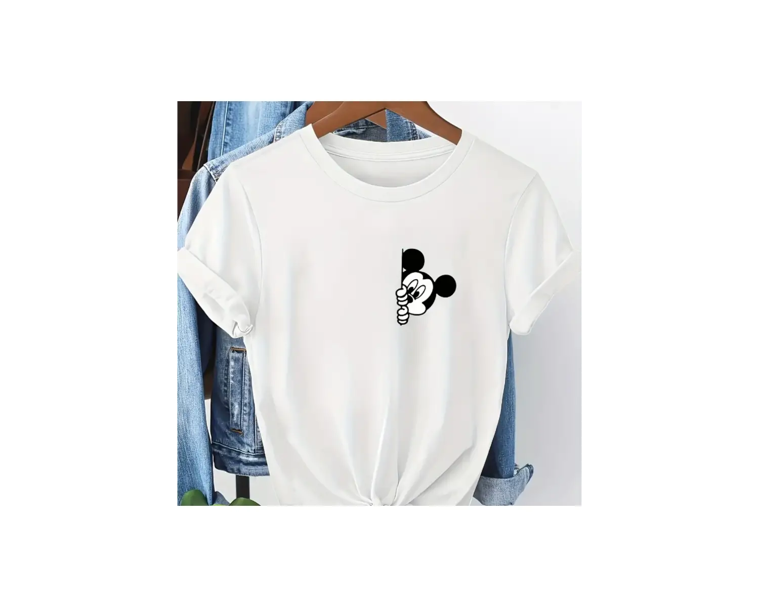 Unique----Unisex Kadın Erkek Mickey Mous Özel Baskılı Oversize Pamuk Penye T-shirt Beyaz