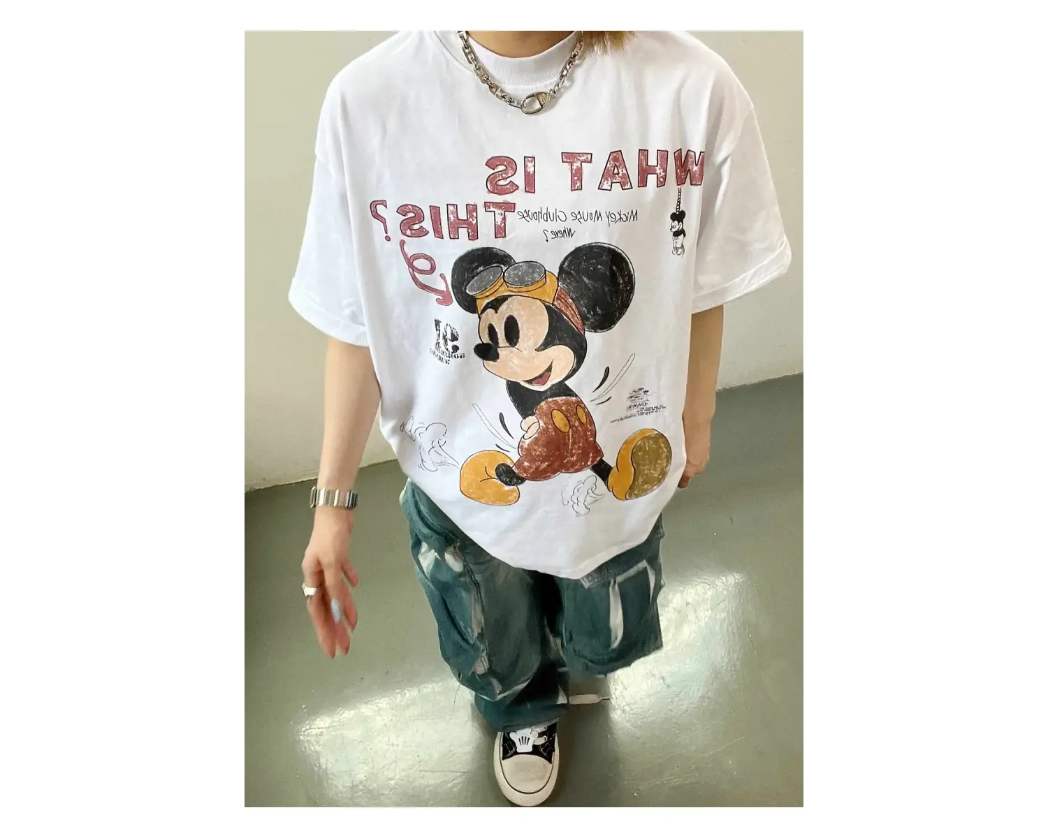 Unique----Unisex Kadın Erkek Mickey Mous Özel Baskılı Oversize Pamuk Penye T-shirt Beyaz