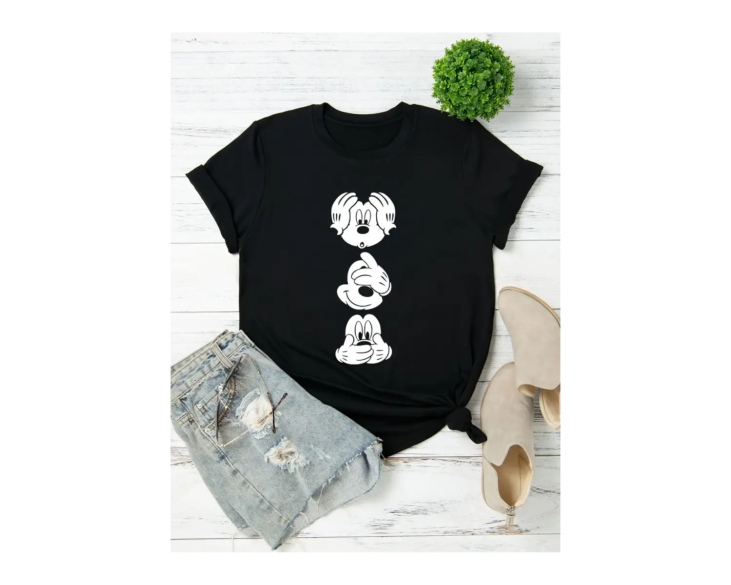 Unique----Unisex Kadın Erkek Mickey Mous Özel Baskılı Oversize Pamuk Penye T-shirt Siyah