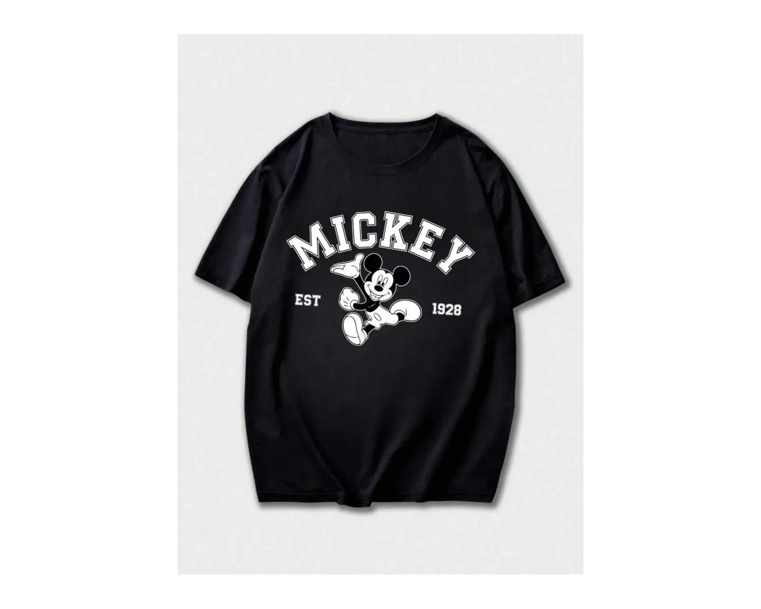 Unique----Unisex Kadın Erkek Mickey Mous Özel Baskılı Oversize Pamuk Penye T-shirt Siyah