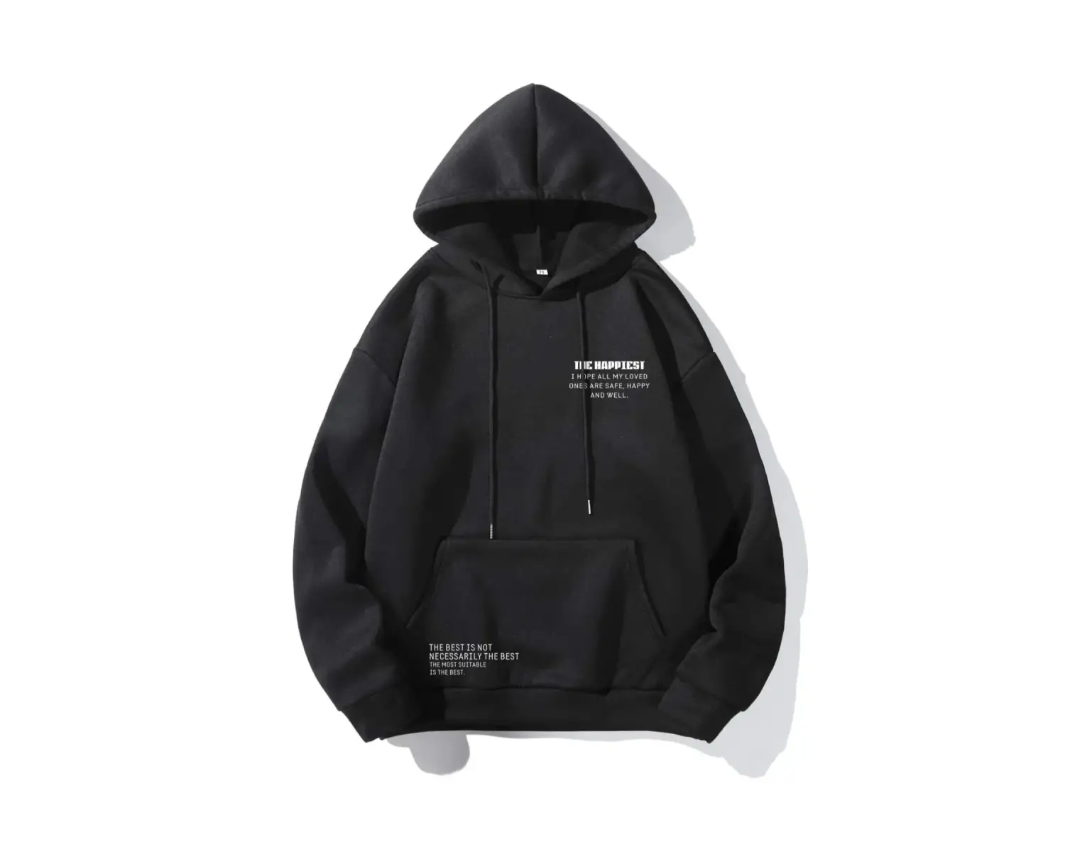 Unique----Unisex Siyah Happiest Baskılı Oversize Kapşonlu Sweatshirt