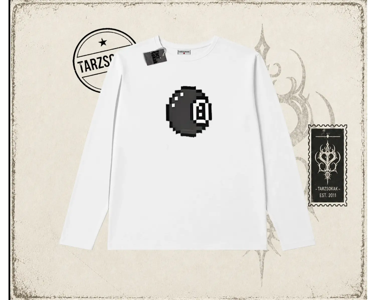 Unisex 8 Ball Biskilet Yaka  Long Sleeve Beyaz