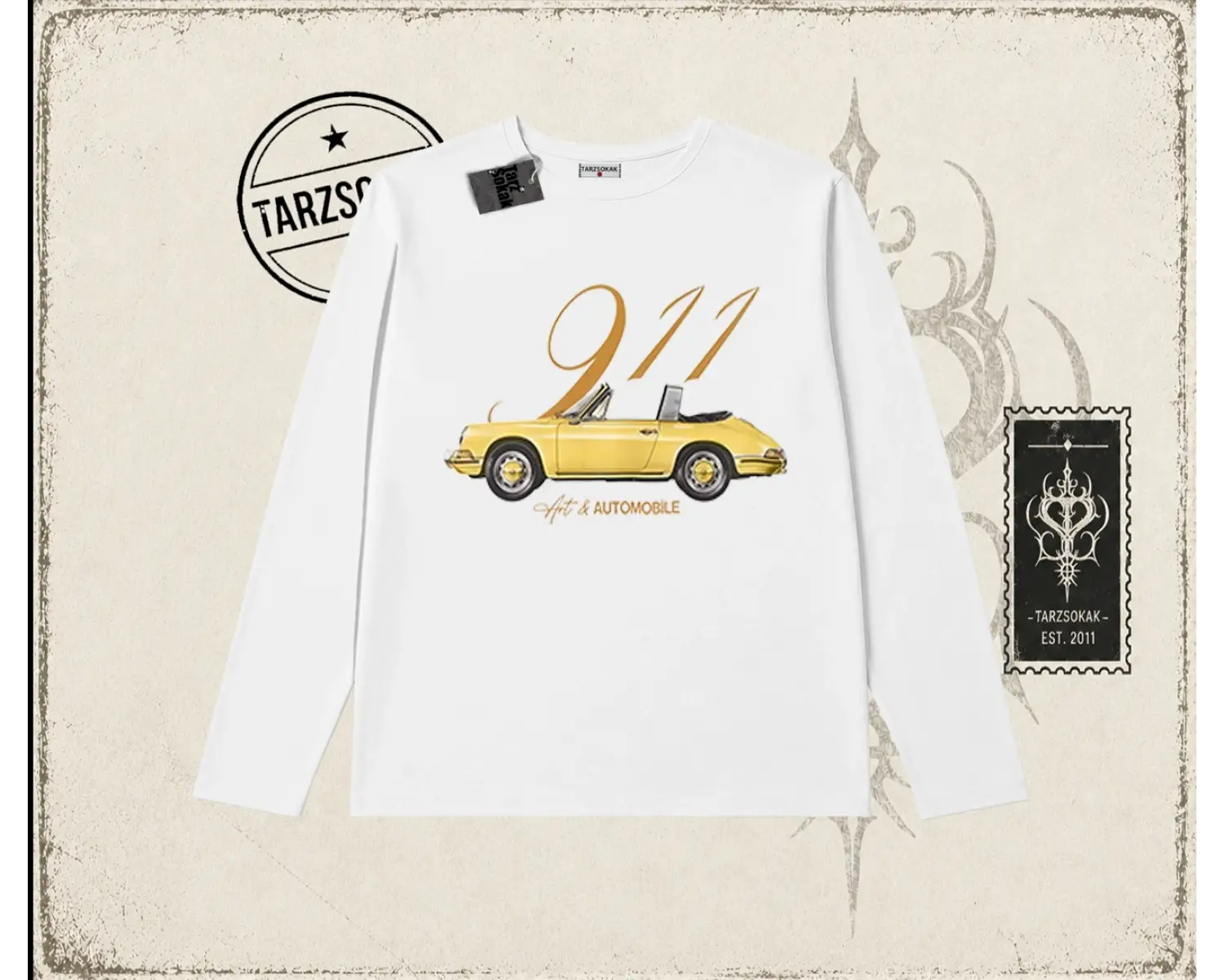Unisex 911 Art and Automobile Biskilet Yaka  Long Sleeve Beyaz