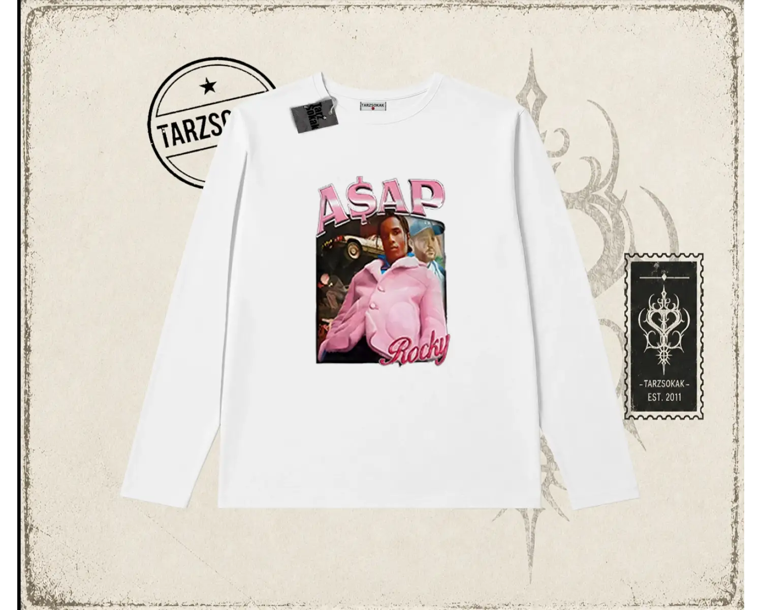 Unisex Asap Rocky Biskilet Yaka  Long Sleeve Beyaz