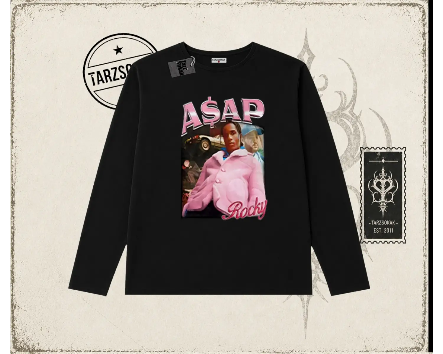 Unisex Asap Rocky Biskilet Yaka  Long Sleeve Beyaz