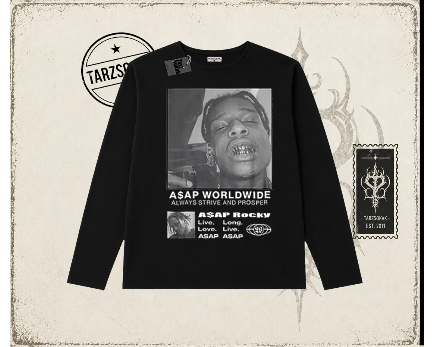 Unisex Asap Worldwide Biskilet Yaka  Long Sleeve Beyaz