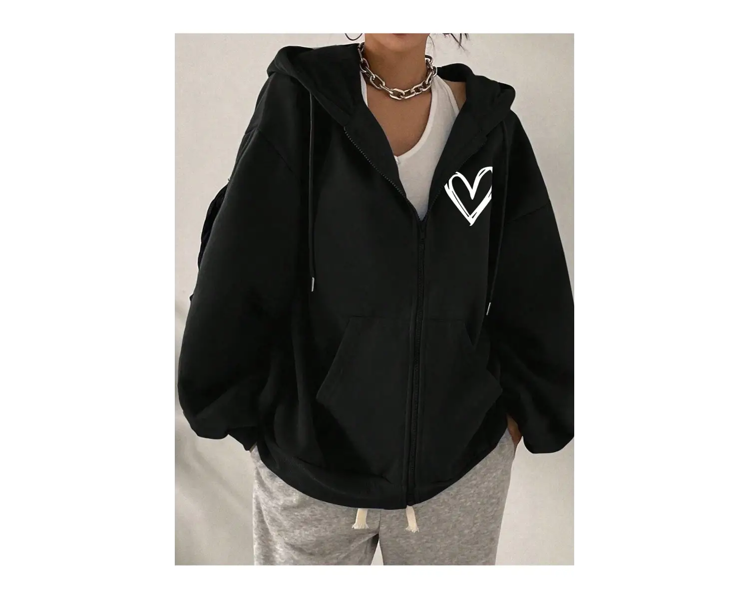 Ünisex Basic Slim Fit Kapüşonlu Fermuarlı Cepli Sweatshirt Nar Çiçeği Siyah