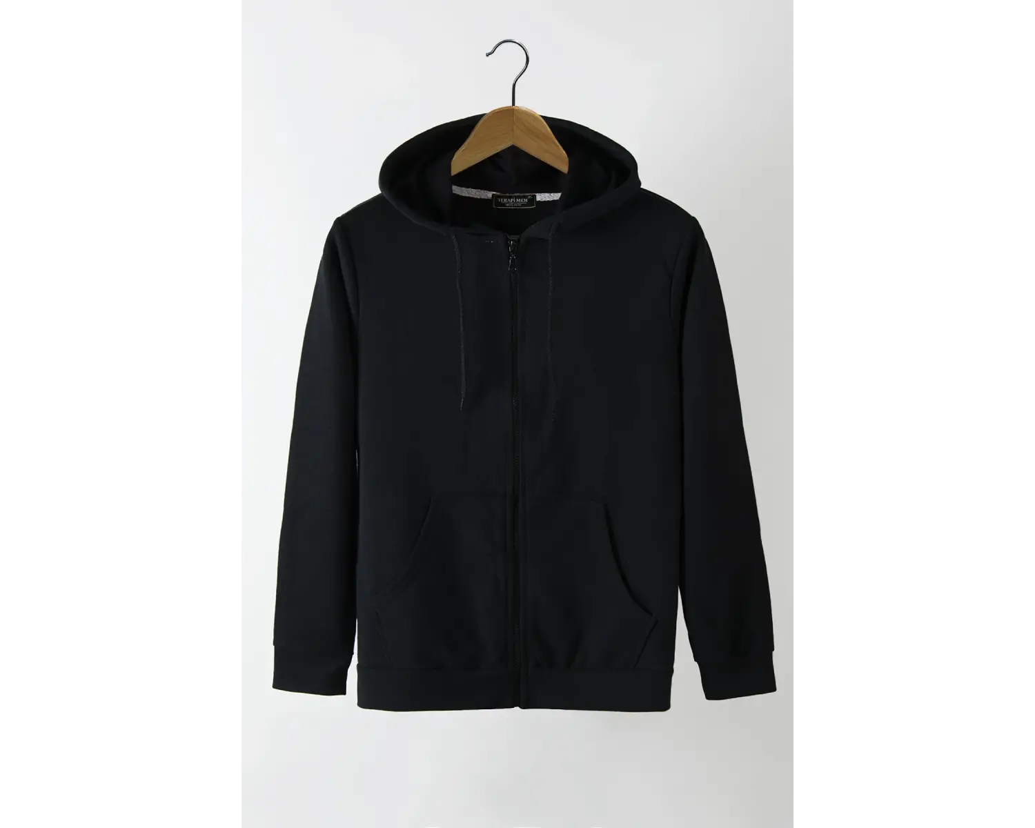 Ünisex Basic Slim Fit Kapüşonlu Fermuarlı Cepli Sweatshirt Siyah