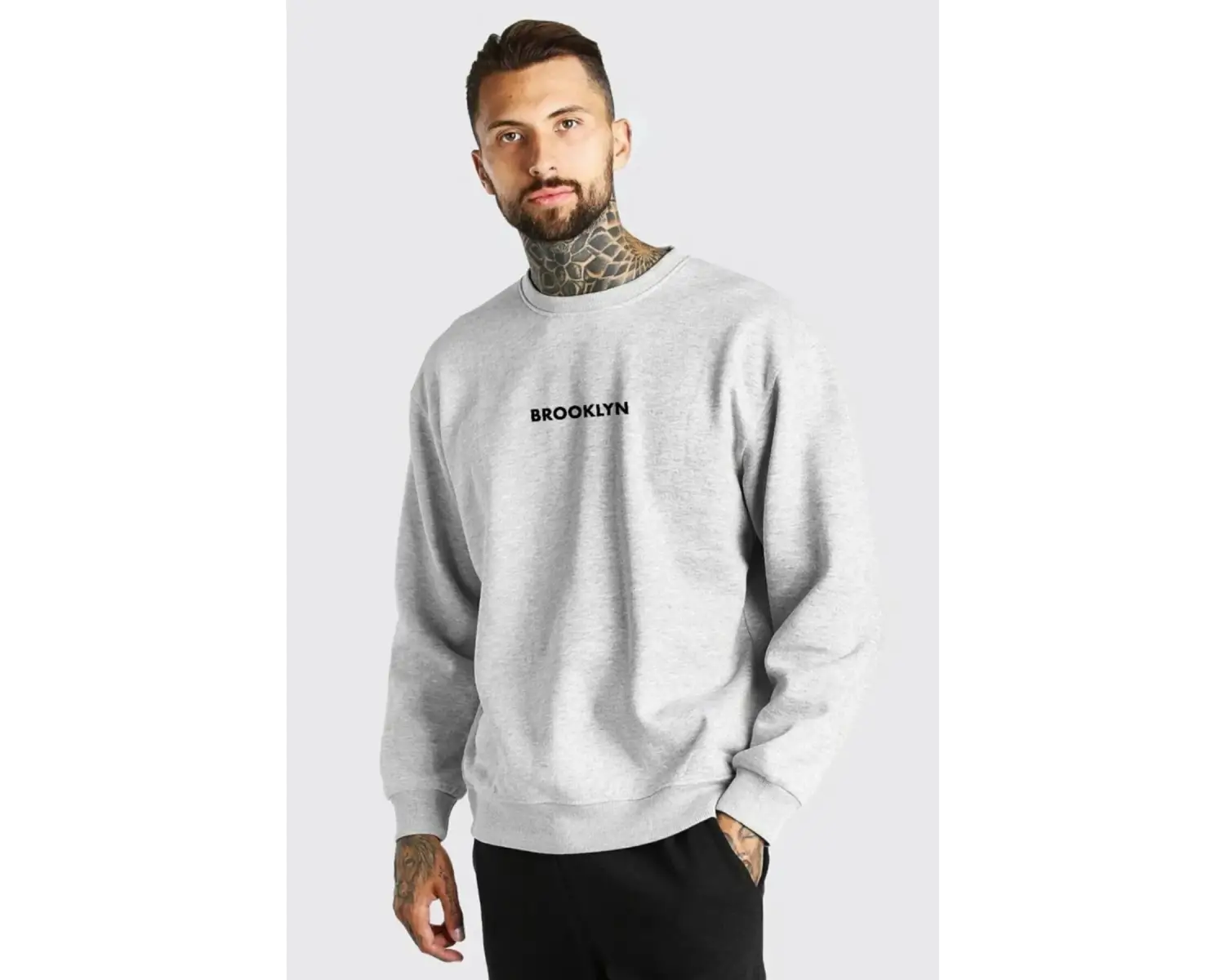 Unisex Baskılı Oversize Kapşonlu Sweatshirt Gri