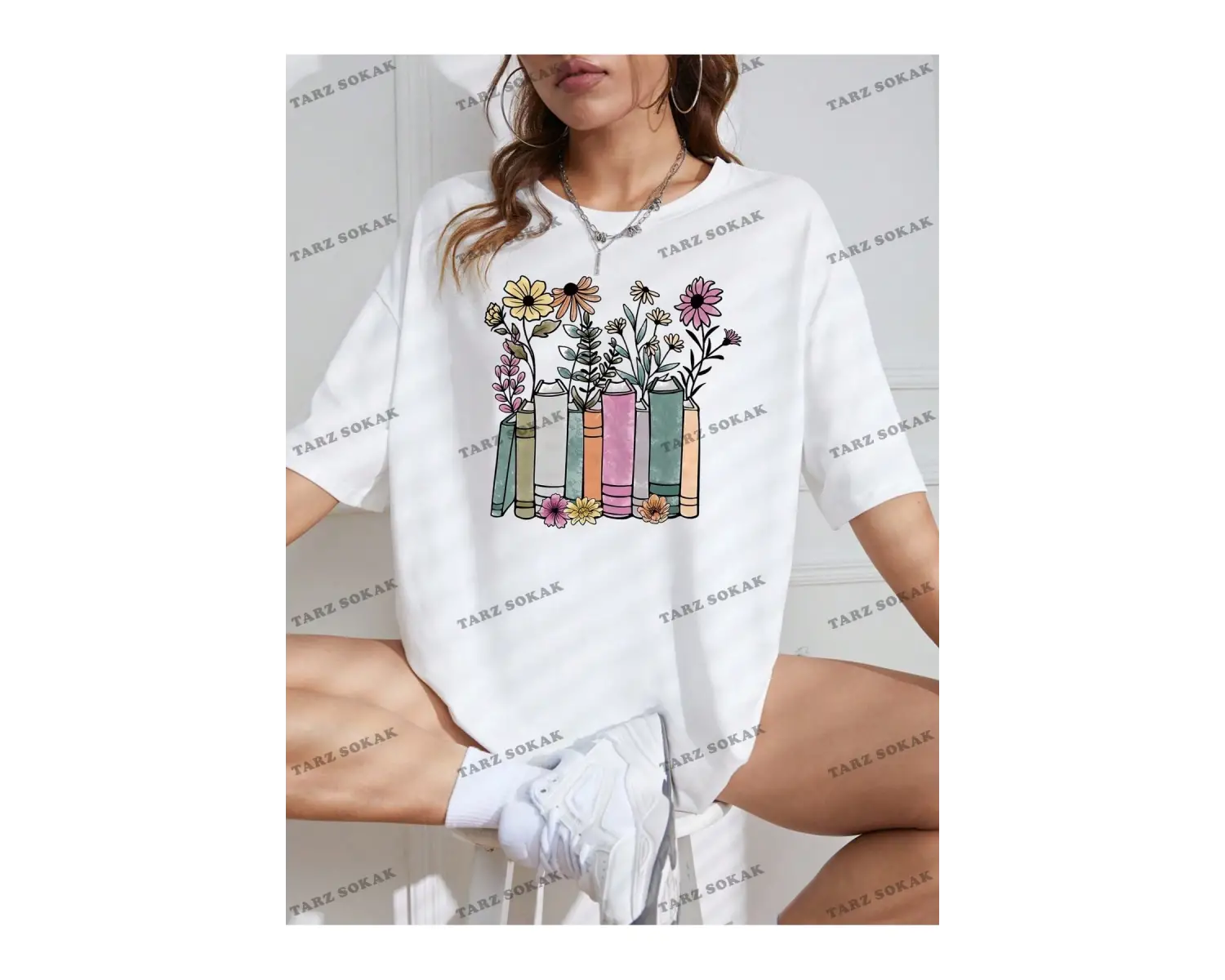 Unisex BAY  Çiçek Desenli Düşük Omuz Tişört KOD-1315